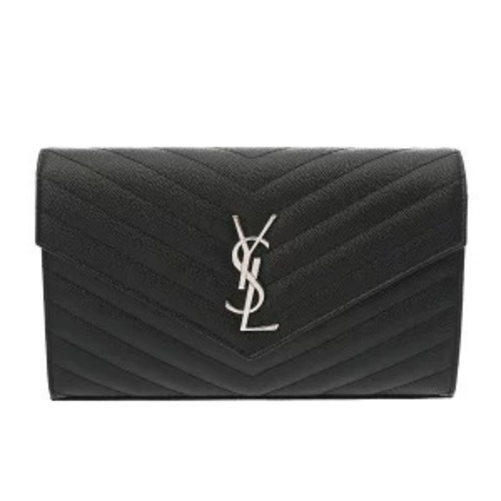 Saint Laurent Cassandra Chain Wallet Black Grained Poudre Leather Bag